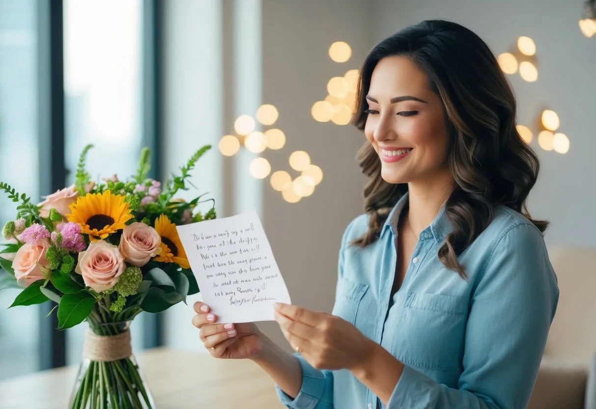 En kvinde modtager en buket blomster med en håndskrevet besked smilende mens hun læser den personlige meddelelse